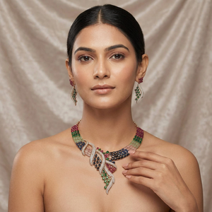 Conjunto de Collar y Pendientes de Latón con Circonitas Multicolor de Lujo, Joyería Nupcial India, Gargantilla Multicapa Colorida para Mujer - Product Image 2