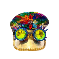 Chapeaux de Capitaine Arc-en-ciel à Paillettes Personnalisés (3 MOQ) avec Lunettes Steampunk Bleues et Bord Doré – Casquettes de Fête Rave pour Femmes – Vente en Gros