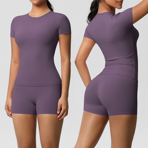 Set Sportivo da Donna per Yoga, Asciugatura Rapida, Top con Collo Tondo, Pantaloncini a Vita Alta 3 Pollici, Set per Palestra, Corsa, <span class=keywords><strong>Ciclismo</strong></span> e Allenamento all'Aperto, Personalizzabile all'Ingrosso - Product Image 3