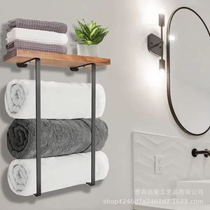 Wooden Wall Mounted Metal Towel Rack 3 <b>Bars</b> Organizer <b>Shelf</b> For Bathroom Towels Storage - Product Image 1