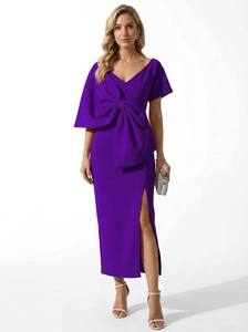 Wholesale Elegant <strong>Maxi</strong> <strong>Dress</strong> for Plus Size Women Deep V Bow High Waist Wrap Ruffles Lace <strong>Chiffon</strong> Fabric Short <strong>Sleeves</strong> - Product Image 4