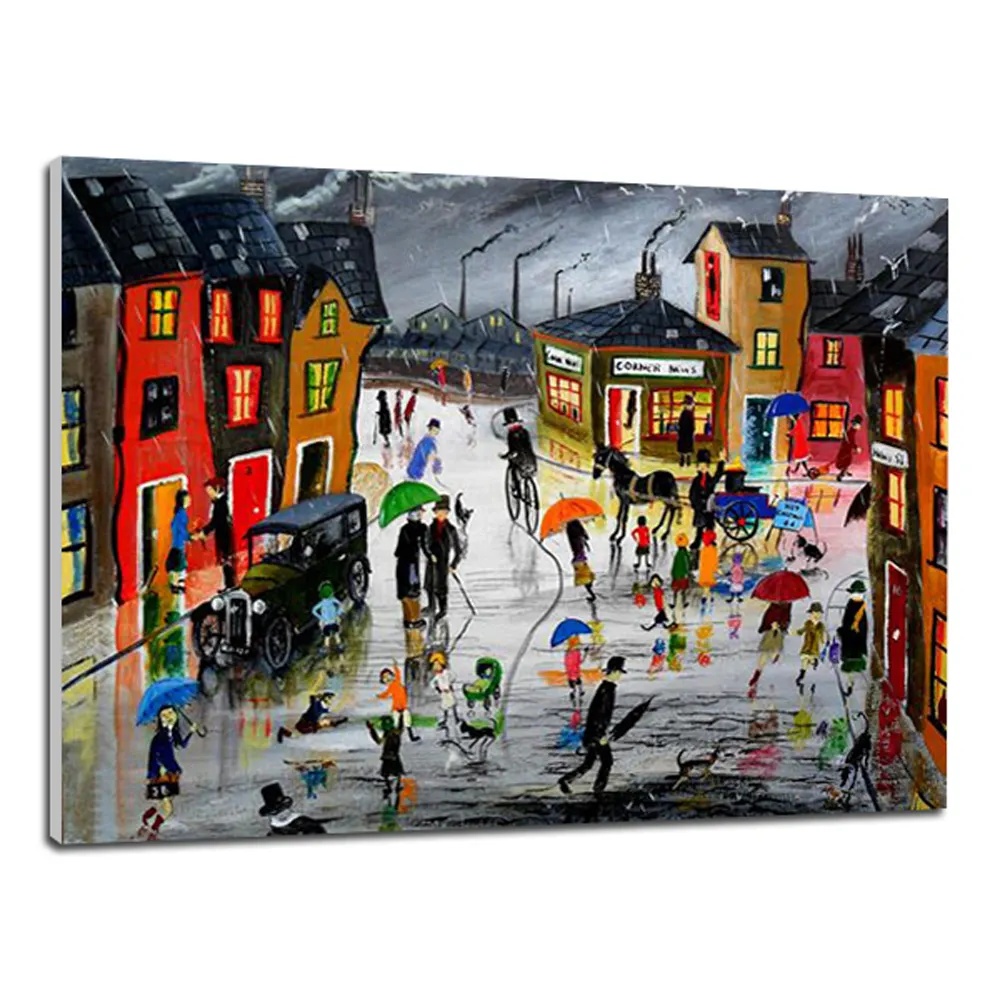 Nieuwe Product Abstract Handgemaakte Streetscape Cartoon Stad Olieverfschilderij Wall Art Voor Kerst Cadeau Idee