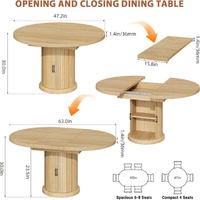 Table à manger ronde extensible en bois moderne de 63 pouces, gain de place, avec base sur piédestal pour la maison