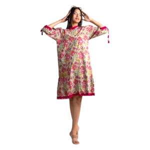 Vestido Camisero Floral con Dobladillo Acampanado en Azul Marino y Rosa, con Cierre de Botones, Elegante y Casual para Mujer, Ropa de Moda - Product Image 1