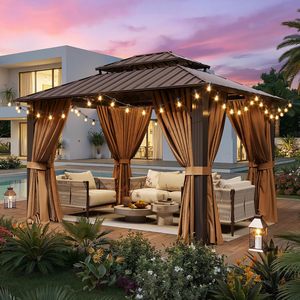 10x12FT Hardtop Gazebo, Metal Frame with Double Galvanized Steel Roof, Permanent Outdoor Pergola with <strong>Curtains</strong> and Netting - Product Image 6