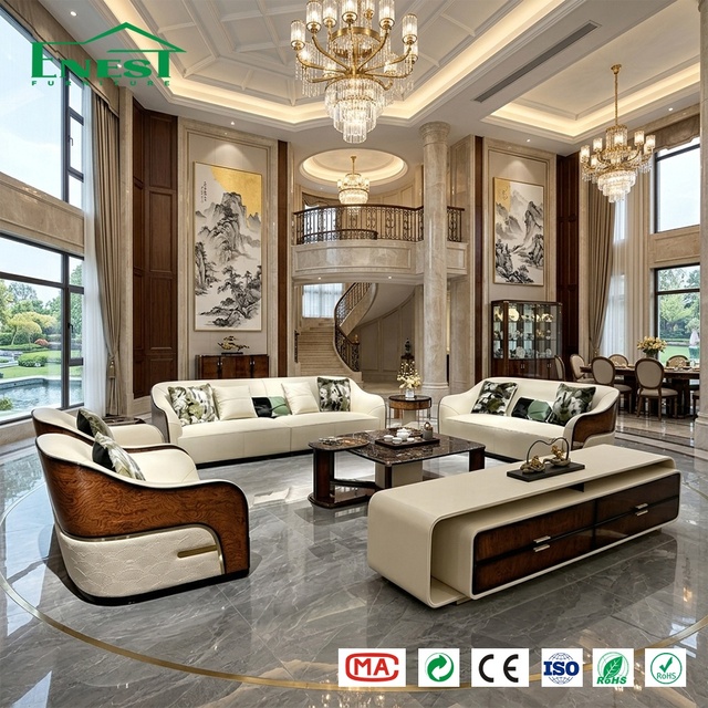 Luxury Villa Living Room Furniture Set Italian Modern Leather Sofa with TV Stand Cabinet Coffee Table for Boutique Hotel Project