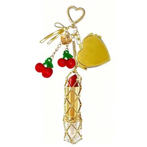 Porte-clés personnalisable en acier inoxydable avec pochette en filet métallique pour rouge à lèvres, motif <span class=keywords><strong>cerise</strong></span>, miroir étoile et cœur, pour femme, pour baume à lèvres - Product Image 2