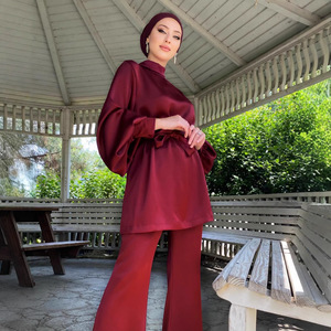 Silk Satin Muslim <b>Women</b> <b>Abaya</b> Set Two Piece Blouse and Pant Solid Color Modest Dress Outfit Spring - Product Image 4