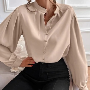 Chemisier élégant pour femme, couleur unie, col montant, manches longues, boutonnage simple, coupe ample, tendance - Product Image 5