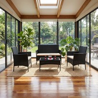 Ensemble de conversation de patio moderne en rotin tressé et fer, style américain, 4 pièces, avec banc rembourré imperméable, personnalisable pour l'extérieur