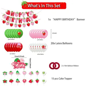 New Strawberry Theme Birthday Party Decoration Strawberry Flag Paper Banner Cake Card Latex Balloon Strawberry Party Supplies