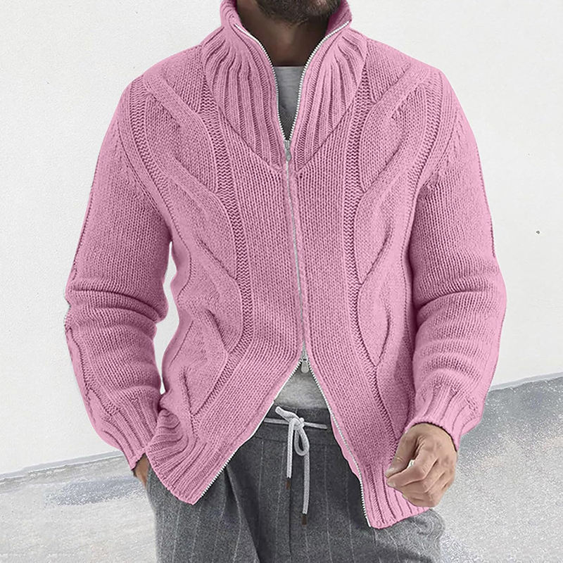 Pink Double Zipper Ribbed Sweater Jacket