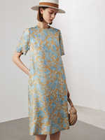 Damen Umweltfreundliches Chiffon-Seiden Waschbares Midi Sommer Blumenmuster Digital Boho-Stil A-Linien-Silhouette Kurzarm-Tunika-Oberteil