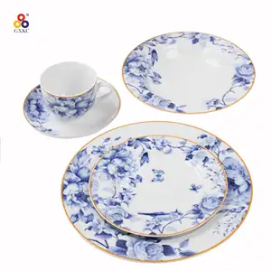 Sanhuan Set alat makan keramik, Set peralatan dapur porselen motif bunga kuning Vintage Tiongkok Barat