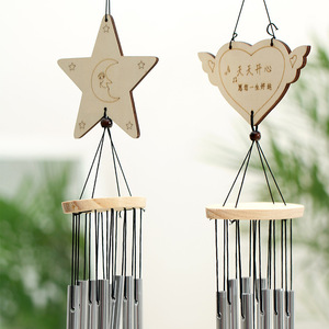 Wood Wind Chime Star Heart Shape Metal Tubes Hanging Decor Engraved Outdoor Garden Porch - Product Image 1