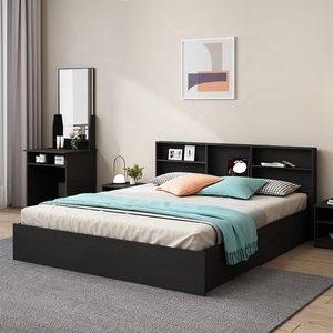 Ensemble de meubles de chambre à coucher modernes en noir, blanc et gris, lits doubles en bois de luxe avec sommier - Product Image 2