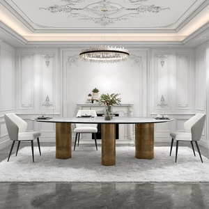 Aesthetic Luxury Gold Curved Dinning <strong>Table</strong> <strong>Set</strong> and X6 Genuine Leather Chair Seat Beige Black American <strong>Diner</strong> Chairs - Product Image 4