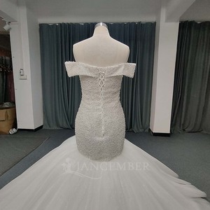 Vestido de novia estilo sirena Lsany204 vintage con apliques de encaje, cola larga y hombros descubiertos, Jancember - Product Image 5