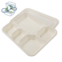 Barquette alimentaire jetable écologique et biodégradable à 5 compartiments en bagasse de canne à sucre pour l'emballage de la restauration rapide et des cuisines cloud