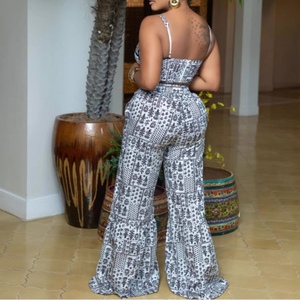 Women's Black and <b>White</b> Printed Halter Top and High-Waisted Flared Pants <b>2</b>-<b>Piece</b> <b>Set</b> Fashion - Product Image 3