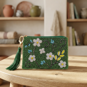 Sac fourre-tout carré bohème en toile avec broderie perlée, sérigraphie florale, fermeture éclair, porte-clés, pochette à pompon vert, promotionnel - Product Image 2