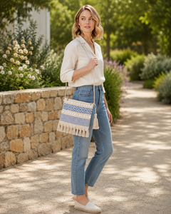 Blue Geometric Woven Shoulder <b>Bag</b> With <b>Fringe</b> Trim And Adjustable Strap For Women Shopping Travel Casual And Everyday Use - Product Image 2