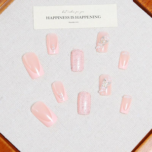 Uñas Postizas K037 Rosadas con Lazo Brillante y Diamantes de Imitación, Forma Ataúd, Estilo Hecho a Mano, Estética Dulce INS, ABS Premium, MOQ1 - Product Image 2