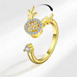 Micro Pave Zircon Rotating Deer Open <b>Rings</b> Copper Gold Plated Christmas Style Anxiety <b>Stress</b> Relief Jewelry For Women - Product Image 1