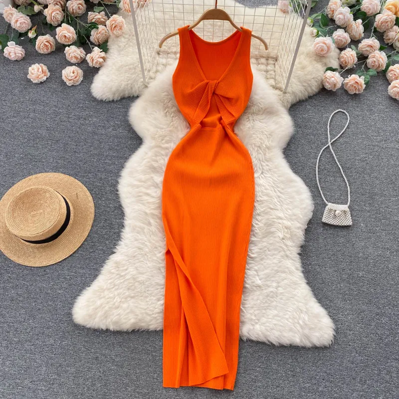 Women's Midi Dress Summer New Sexy Twisted Hollowed Fashion Knit Dress 2022 Female Sleeveless Bodycon Long Dress