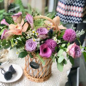 Rattan Storage Basket Bowl Shape With Handle For Flower Arrangement Desktop Use - Product Image 1