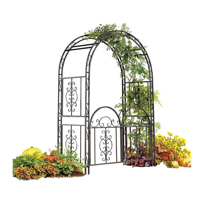 Dekorative Gartenlaube Spalier mit Tor Scroll Design Rohr Eisen Struktur Schmiedeeisen Gartentor Bronze