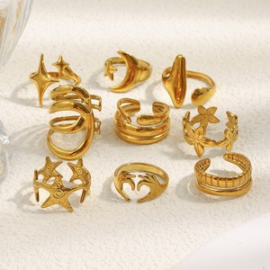 Geometrische RVS Sieradenset 18k Goud Vergulde Blad Ster Verstelbare Open Ringen voor Vrouwen - Product Image 1