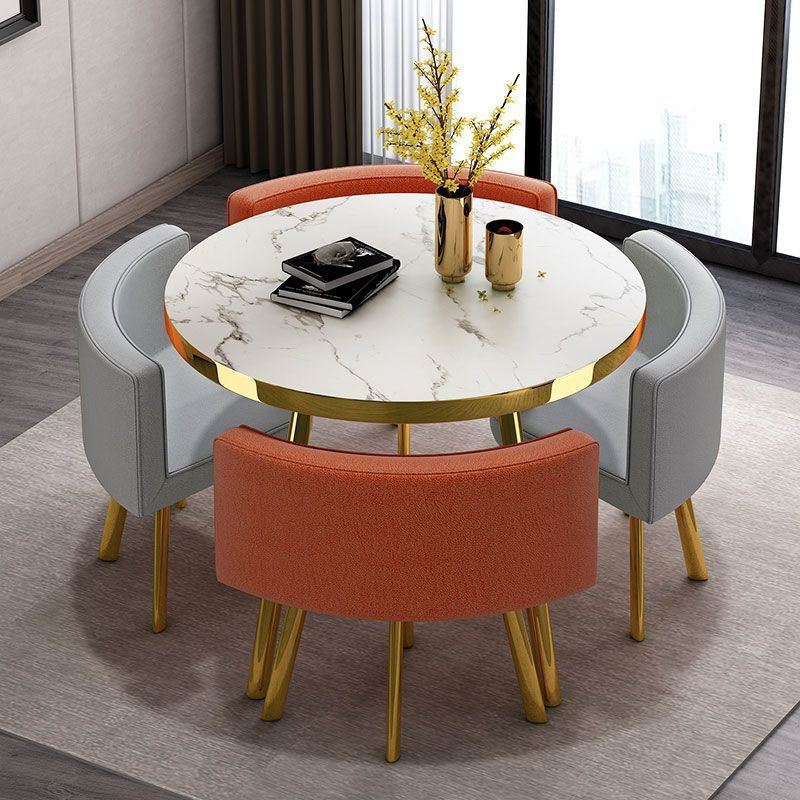 Stone-textured table+2 orange+2 grey fabric chairs