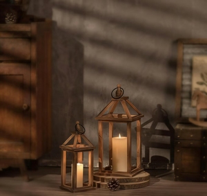 Farmhouse Wood Candle <strong>Lantern</strong> <strong>Set</strong> 12" 16" Rustic Design for Home Decor Wedding Centerpieces Indoor/Outdoor Fireplace - Product Image 3
