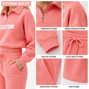 Ensemble de survêtement rose personnalisé pour femme avec sweat-shirt court à fermeture éclair et pantalon large à cordon de serrage, ensemble deux pièces élégant - Product Image 6