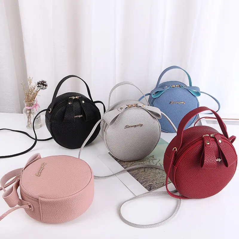 Bán Buôn Cầm Tay Trang Điểm Crossbody Túi PU Dây Kéo Da Vai Duy Nhất Túi Màu Sắc Tinh Khiết Dễ Thương Nhỏ Túi Tròn