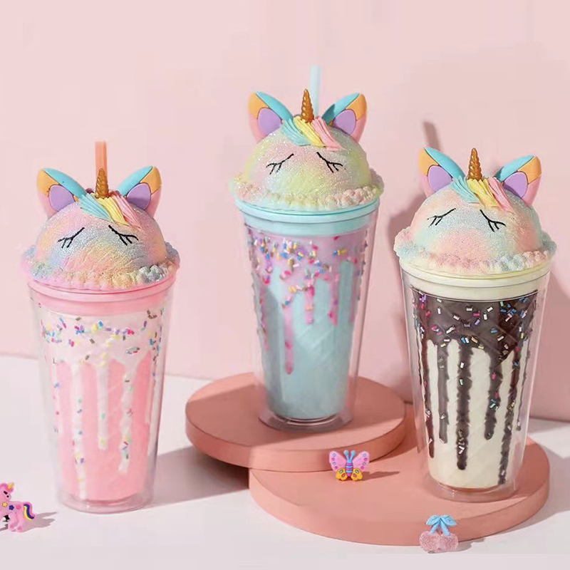 Пластиковый стакан с двойными стенками для Микки Мауса, 16 унций, с крышкой и соломинкой, стакан для мороженого с единорогом