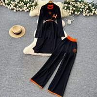 Kadin 3-Piece kadın moda 3 parça örgü Set uzun bel kravat hırka kısa kollu T Shirt geniş bacak pantolon