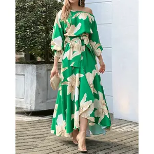 factory Custom Sleeve high waist Elegant Long Casual Dress short front long back dress Printed belt swing casual dress