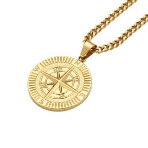 Collier pendentif boussole en acier inoxydable pour homme, chaîne longue, style pièce de monnaie, bijoux cadeau, options de couleurs noir, or, argent - Product Image 5