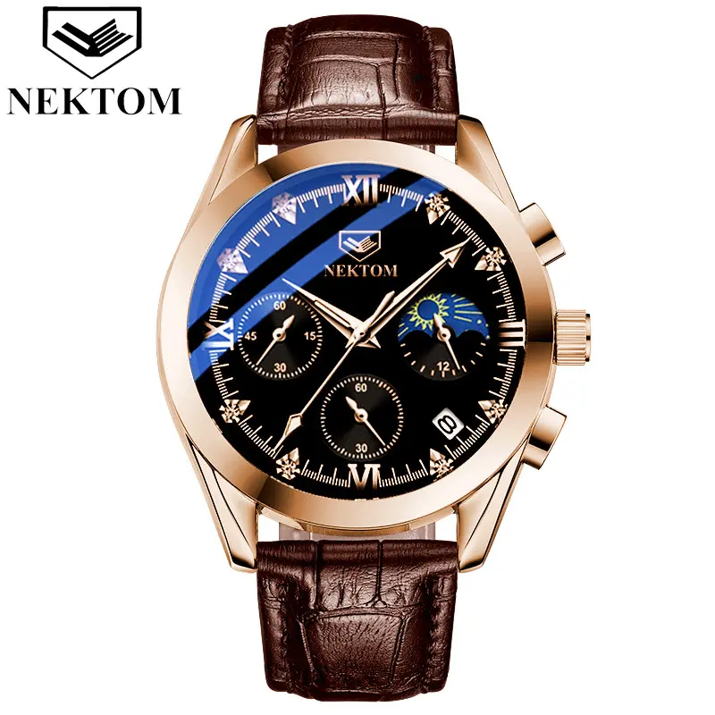 NEKTON 8222メンズクォーツレザーウォッチ3サブダイヤルデイトシンプルレジャー腕時計