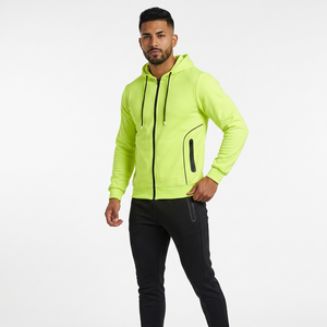 Men's <b>Neon</b> Green Hooded Full Zip Sweatshirt With Side Pockets Sporty Tracksuit <b>Top</b> Spring Casual Wear - Product Image 1
