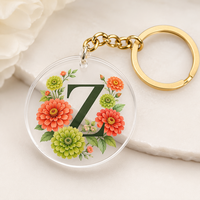 Porte-clés personnalisé OEM en acrylique avec pendentif rond bouquet de zinnias botaniques pour cadeau promotionnel – Direct Usine