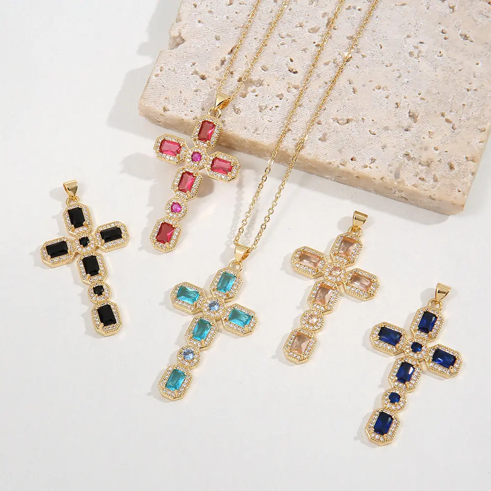 Modeschmuck Jesus Messing 18 Karat echt vergoldet Diamant Zirkon Kreuz Halskette farbige Moissan ite Kreuz Anhänger Halskette