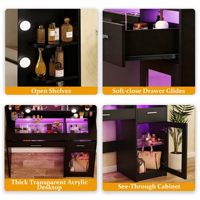 Coiffeuse noire avec miroir LED, plateau en verre, tiroirs de rangement et grand meuble en verre trempé pour chambre à coucher