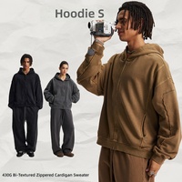 Sweat à capuche zippé pour homme 430 g/m² épais, avec empiècements à bords bruts multiples, style streetwear américain, teinture spéciale, effet vieilli vintage