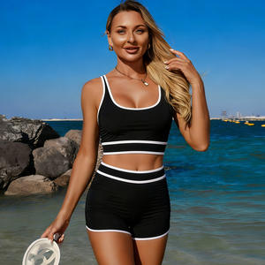 Maillot de bain deux pièces pour femmes, couleur unie, col rond, ensemble haut court pour la natation, les sports nautiques, vêtements de plage - Product Image 2