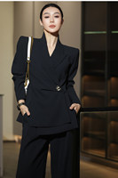 Ensemble de costume de luxe léger noir uni en fibre de polyester peignée à manches longues pour femme, avec pantalon droit à taille ajustée, collection Printemps/Été