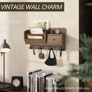 Wooden <b>Wall</b> Mounted <b>Key</b> Rack With <b>Hooks</b> And Drawer For Entryway Storage Organizer - Product Image 4