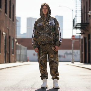 Set di Felpa con Cappuccio e Pantaloni Sportivi Cropped da Uomo, Stile Streetwear, con Zip Integrale, Stampa Camouflage, Taglio Grezzo, Vestibilità Ampia e Oversize, Peso Pesante, del Produttore - Product Image 2